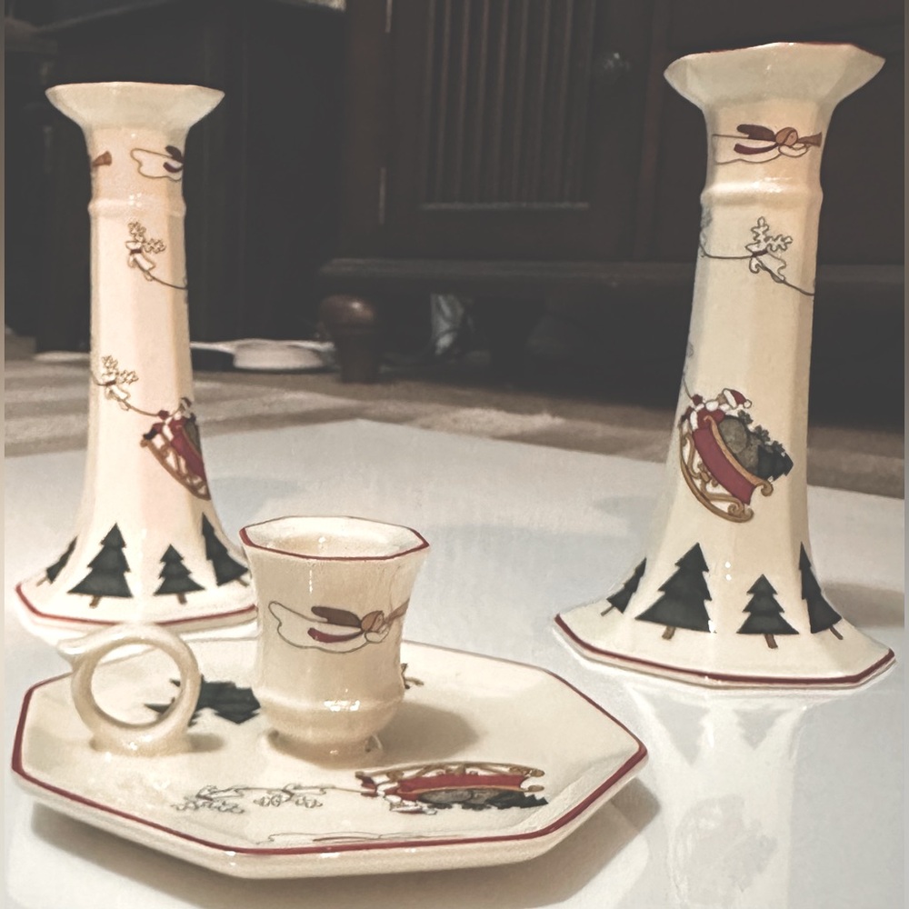 Retired Mason's Ironware "Christmas Village" Candlestick Set. Hard to Find.